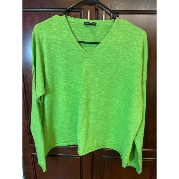 Eileen Fisher Sweaters - Eileen Fisher Women's Lime Green Linen/Cotton Slub Vneck Sweater Size XL